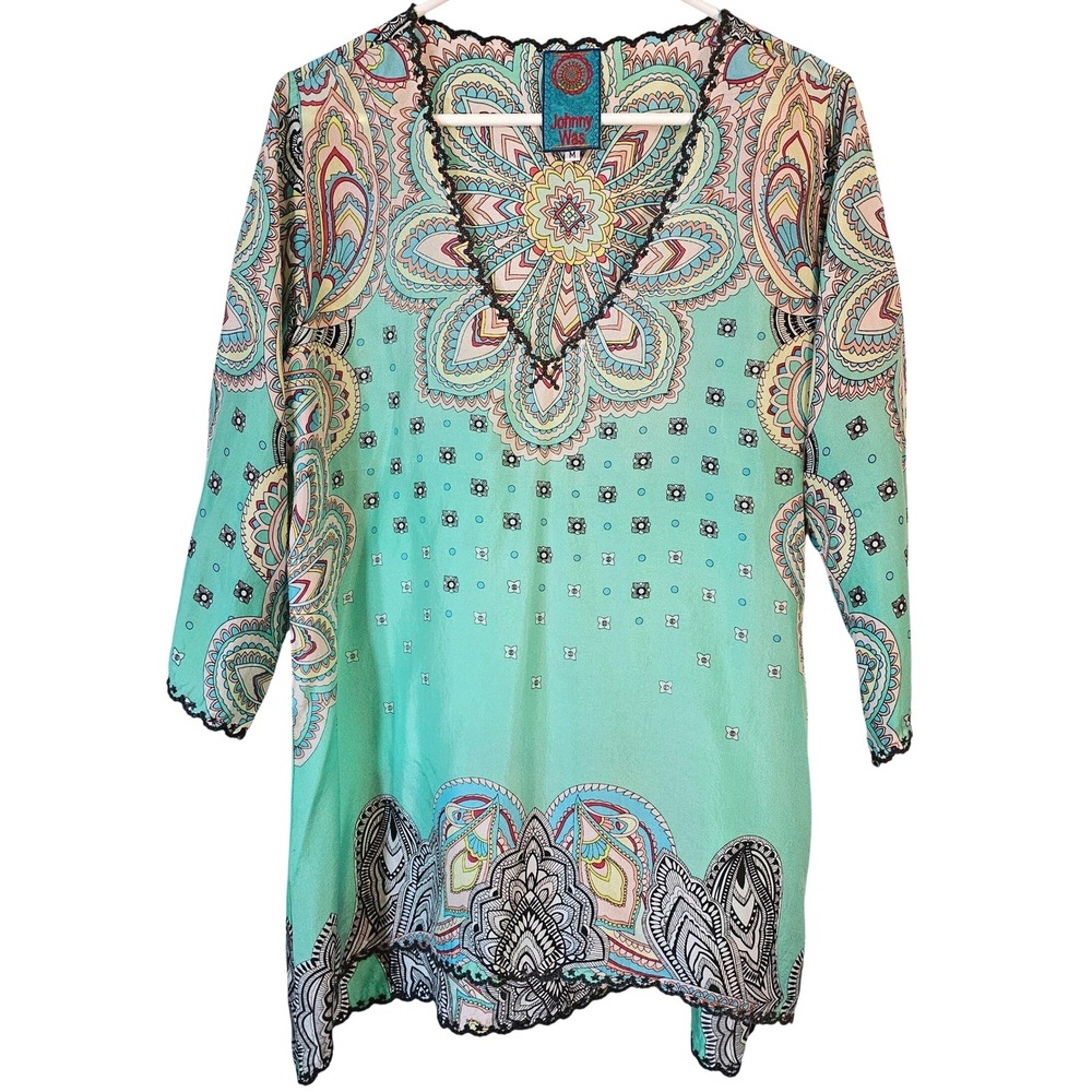 Johnny Was Green Silk Tunic Boho Paisley VNeck Blouse Medium Beach Cruise Resort